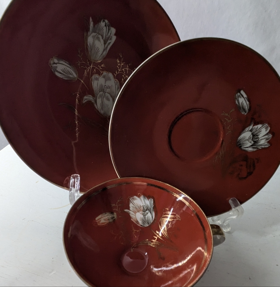 Tea Cup Saucer Plate Trio Bavaria Rich Burnt Orange White Flowers Gold Trim